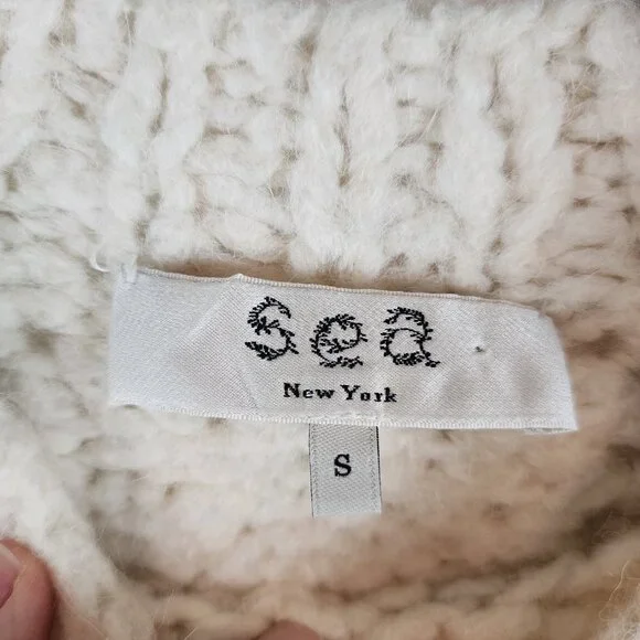 Sea New York Ellie Combo Sweater Cable Knit Puff Lace Sleeves Cream Alpaca Wool - Picture 8 of 14